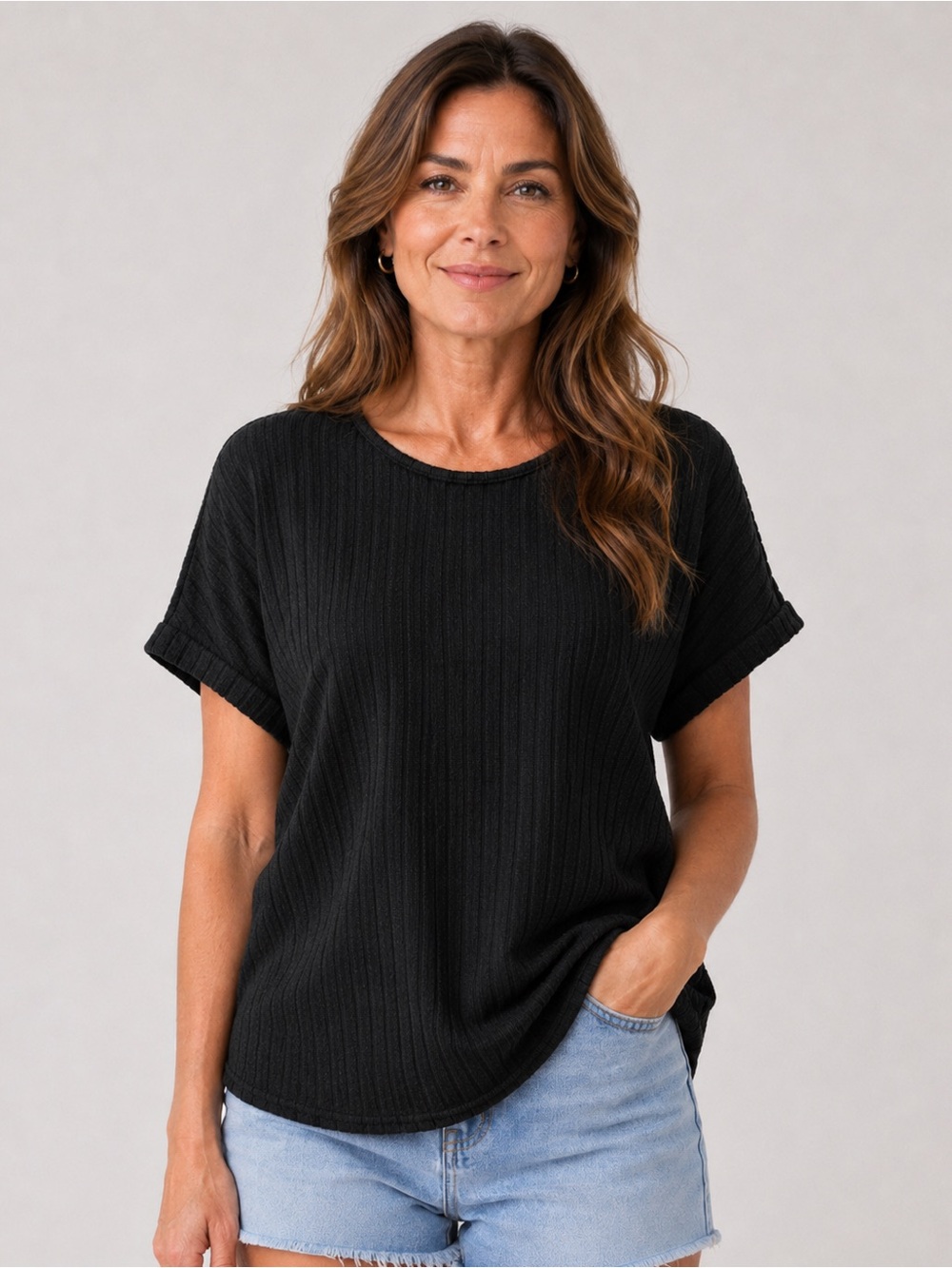 Women's Black Short Sleeve Ribbed Top - Size L